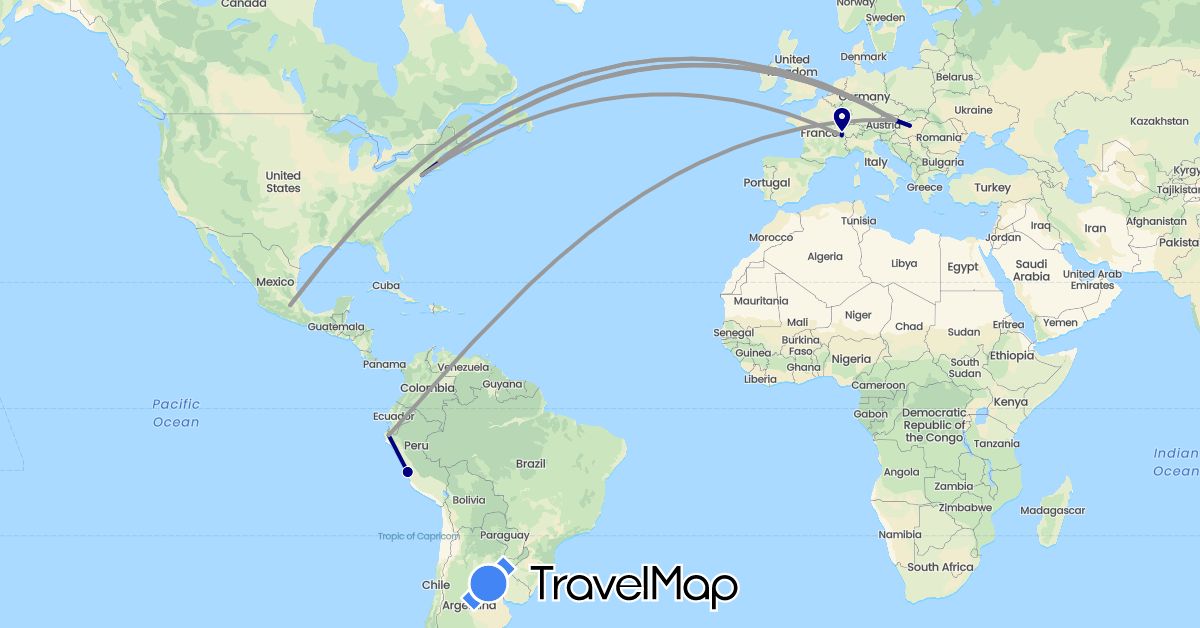 TravelMap itinerary: driving, plane in Austria, Switzerland, Hungary, Mexico, Peru, United States (Europe, North America, South America)